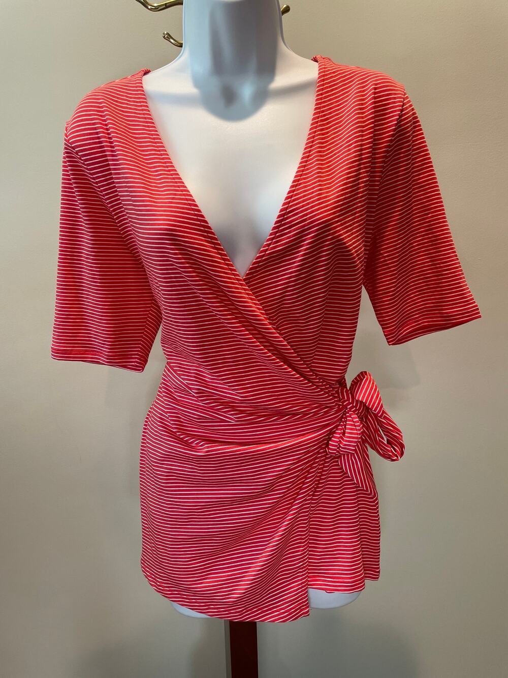 Lands’ End Stripe Wrap Top Size M Red White Tencel Cotton New With Tag